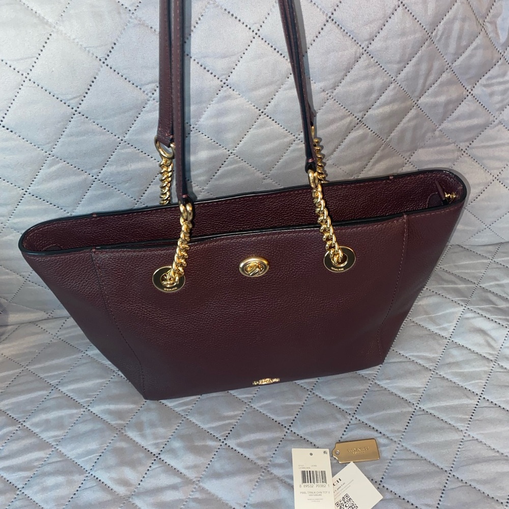 Coach Brown Leather Tote Bag with Gold Chain Handles